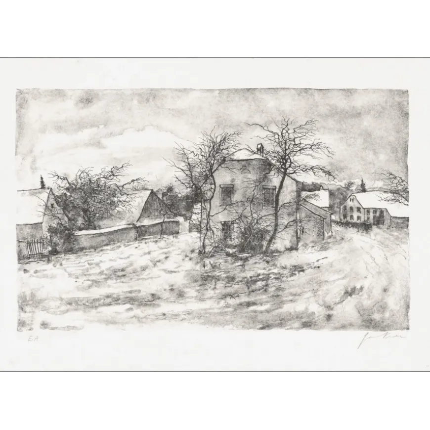 GANTNER Bernard - Lithographie originale "Centre du village" 37x53 cm - Papier Japon