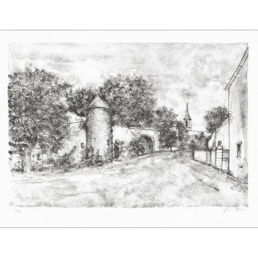 GANTNER Bernard - Lithographie originale "Cour de ferme" 48x66 cm - Papier Japon