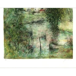 GANTNER Bernard - Lithographie originale "Ruisseau du village" 66x48cm