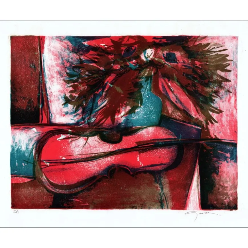 GAVEAU Claude - Lithographie originale "Nature morte au violon" 50x65cm