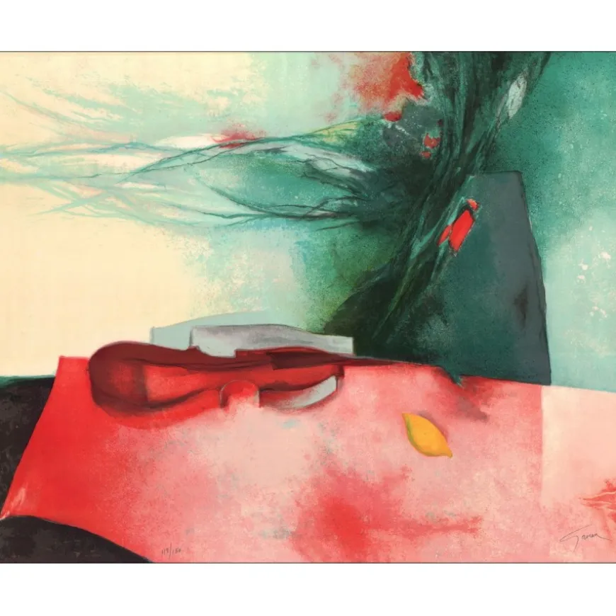 GAVEAU Claude - Lithographie originale "Grande nature morte au violon" 70x89cm