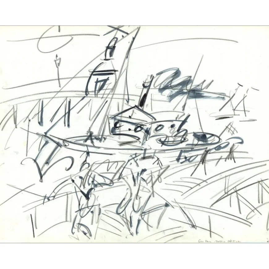 GEN PAUL - Dessin original à l'encre et crayon "Péniche à quai" 49x65cm