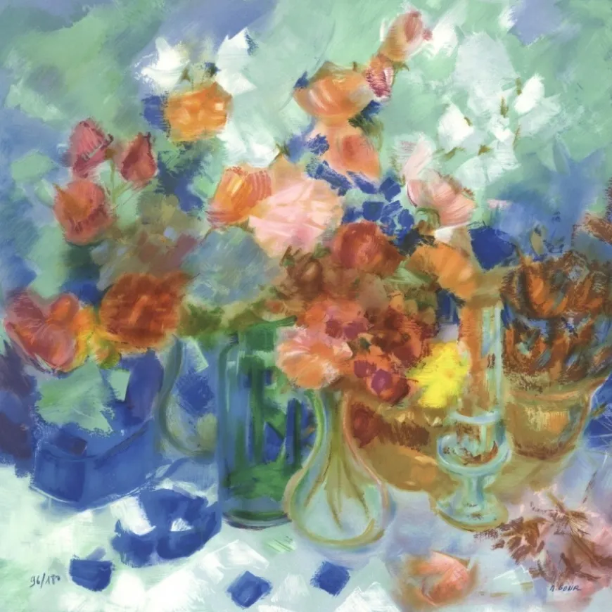 GOUR Michèle - Lithographie originale "Le bouquet de fleurs" 63x63cm