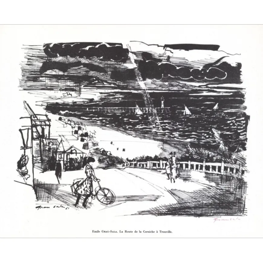 GRAU-SALA Emilio - Lithographie signée au crayon "Route de la Corniche à Trouville" 27x21cm - 1961