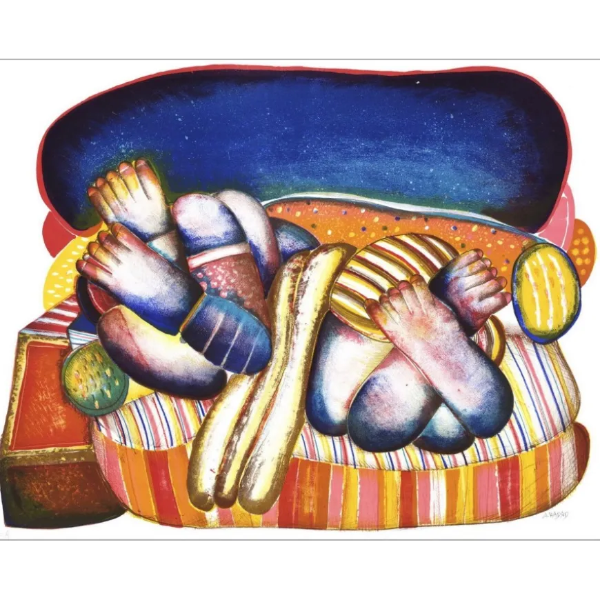 HADAD Abraham - Lithographie originale "La plage" 50x65cm