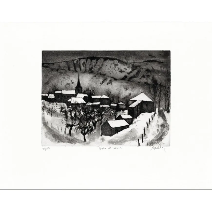 HALLEZ Jacques - Gravure originale "Soir d'hiver" 50x65cm
