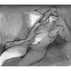 HILAIRE Camille - Dessin original à l'encre "Femme nue au divan" 45x54cm
