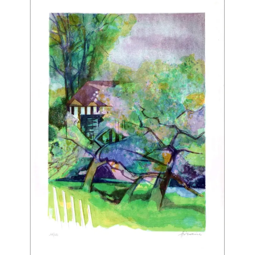 HILAIRE Camille - Lithographie originale "Verger et maison Normande" 71x51cm