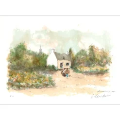 HUCHET Urbain - Lithographie originale "La cabane de pécheur" 38x55cm