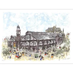 HUCHET Urbain - Lithographie originale "Paris, Les halles et Saint-Eustache" 54x76cm