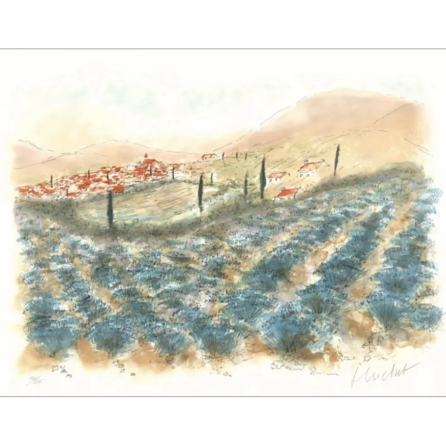 HUCHET Urbain - Lithographie originale "Champ de lavandes en Provence" 76x54cm