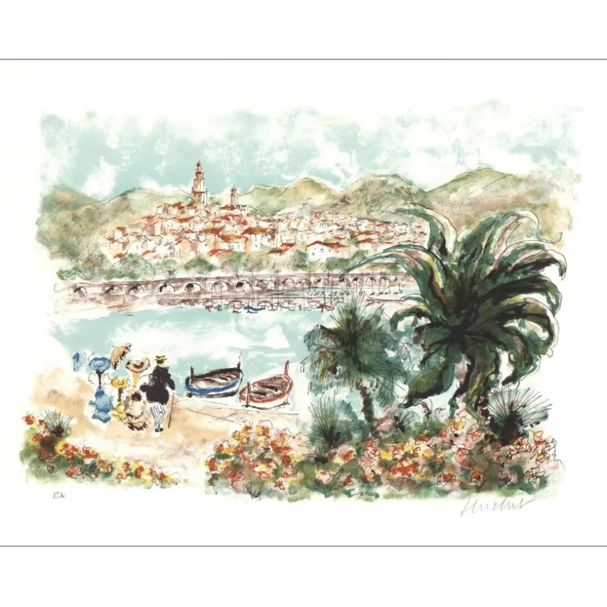 HUCHET Urbain - Lithographie originale "Côte d'Azur, Le bord de mer" 50x65cm