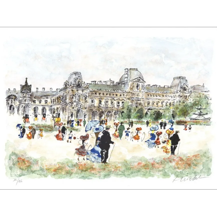 HUCHET Urbain - Lithographie originale "Paris, Les jardins du Louvre" 54x76cm