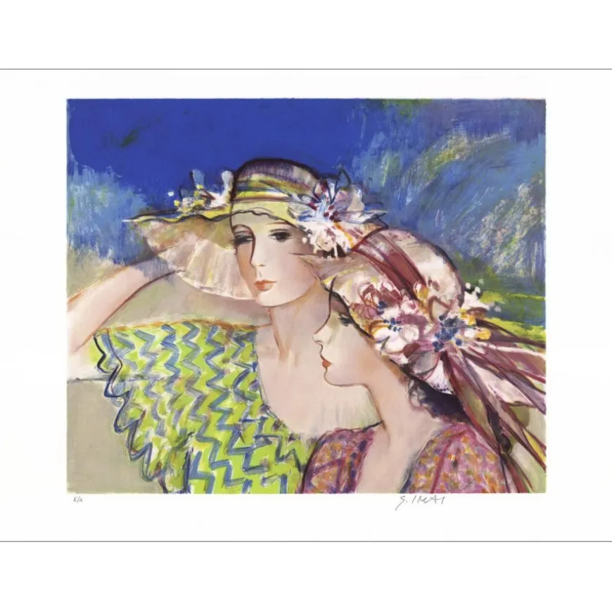 IMAI Sachiko - Lithographie originale "Deux élégantes aux chapeaux de paille" 56x76cm