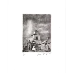 JACQUEMIN André - Gravure originale "L'Église" 32x25cm - 1984