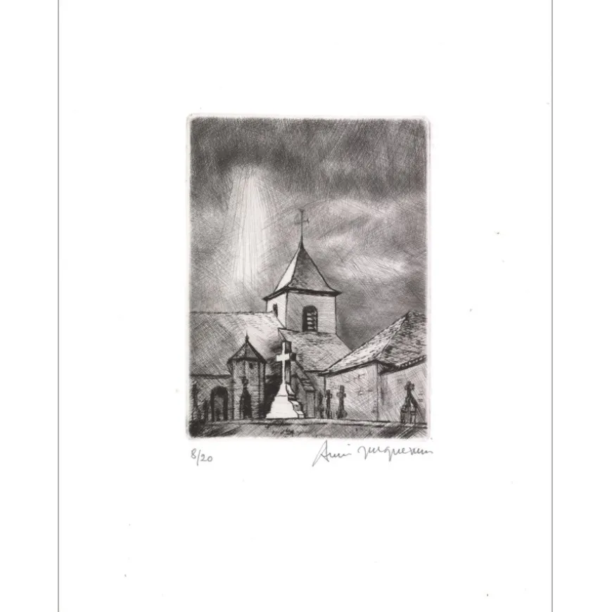 JACQUEMIN André - Gravure originale "L'Église" 32x25cm - 1984