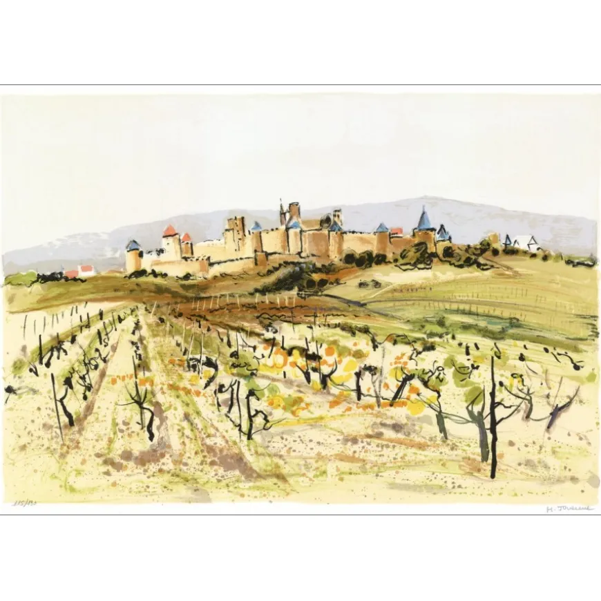 JOUENNE Michel - Lithographie originale "Les vignes à Carcassonne" 38x56cm