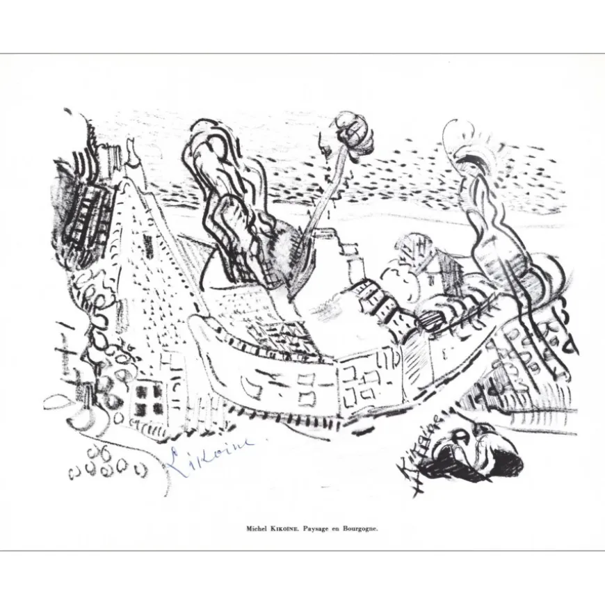 KIKOÏNE Michel - Lithographie signée au crayon "Paysage en Bourgogne" 27x21cm - 1961