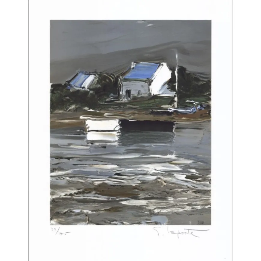 LAPORTE Georges - Lithographie originale "Bretagne, maison au bord de l'eau" 50x37cm