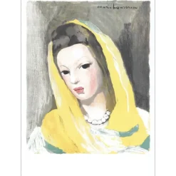 LAURENCIN Marie - Lithographie "Femme au foulard jaune et collier de perles" 50x36cm
