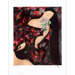 LE KINFF Linda - Lithographie originale "Femme à l'orchidée bleue" 76x55cm
