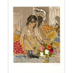 LELONG Pierre - Lithographie originale "Femme au téléphone" 76x55cm