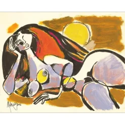 MARGOTTON René - Dessin original à la gouache "Femme nue cubique allongée" 24x32cm