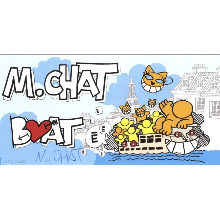 M.CHAT (Thoma Vuille) - Lithographie "Boat Chat" 10x20cm - 2019