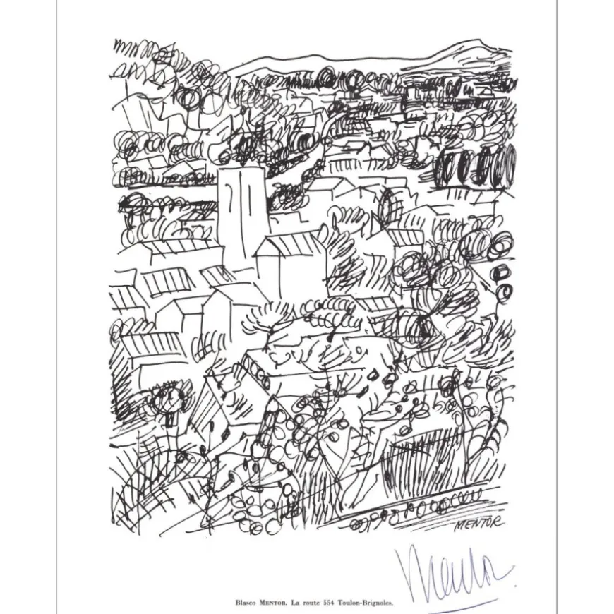 MENTOR Blasco - Lithographie signée au crayon "La route 554 Toulon/Brignoles" 27x21cm - 1961