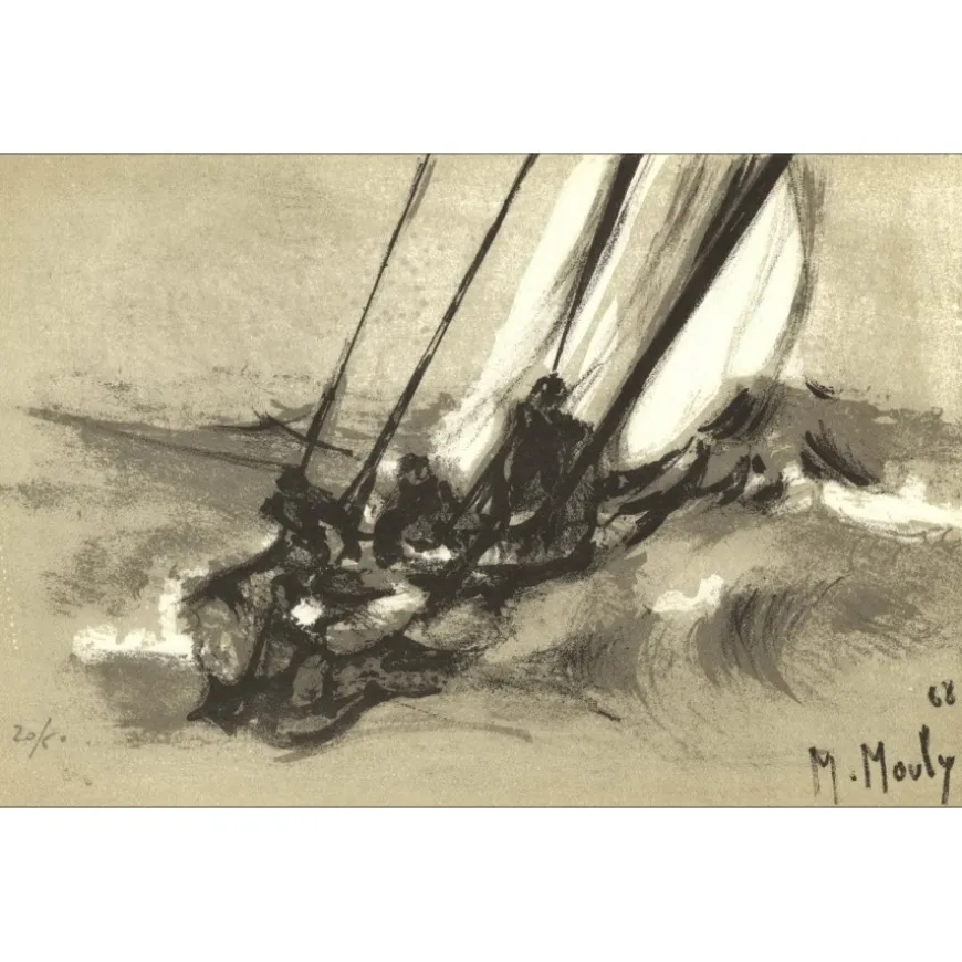 MOULY Marcel - Lithographie originale "Voiliers en mer" 14x22cm - 1968