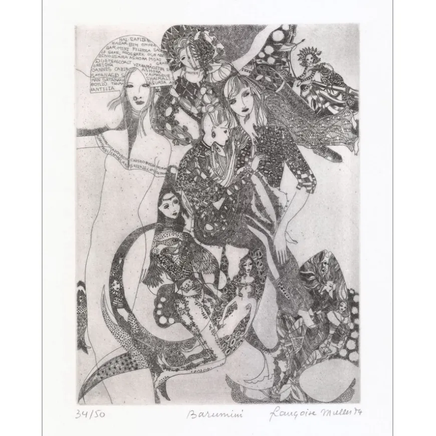 MULLER Françoise - Gravure originale à la pointe sèche "Barumini" 50x33cm - 1974