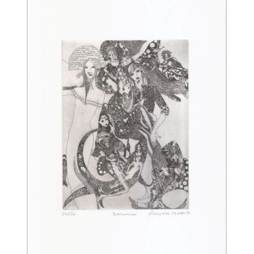 MULLER Françoise - Gravure originale à la pointe sèche "Barumini" 50x33cm - 1974