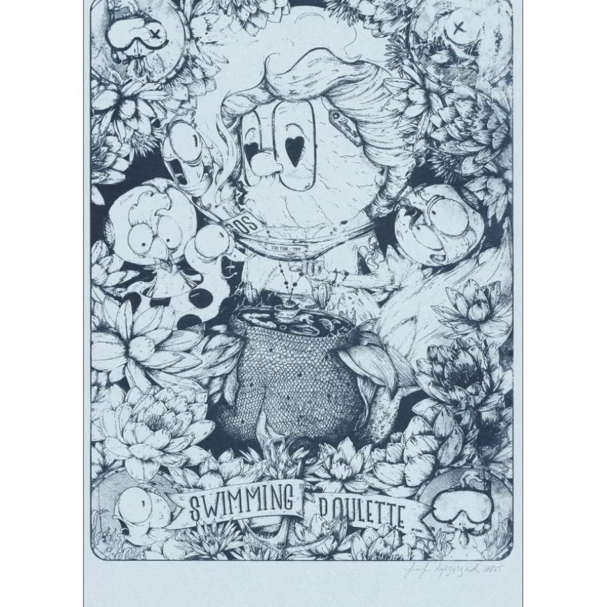 OH MAMIE! - Sérigraphie originale "SWIMMING POULETTES" 46x32cm