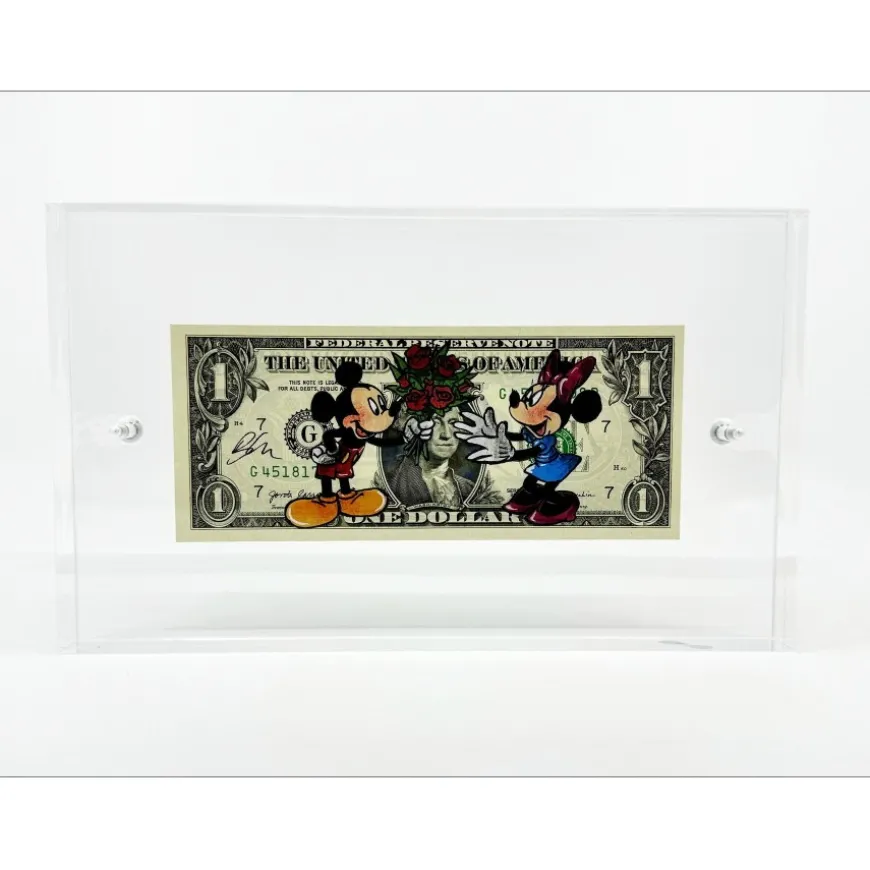 PAZBLANDINA - Dessin original en technique mixte sur Dollar $ "Mickey et Minnie" 6,6x15,6cm - 2024