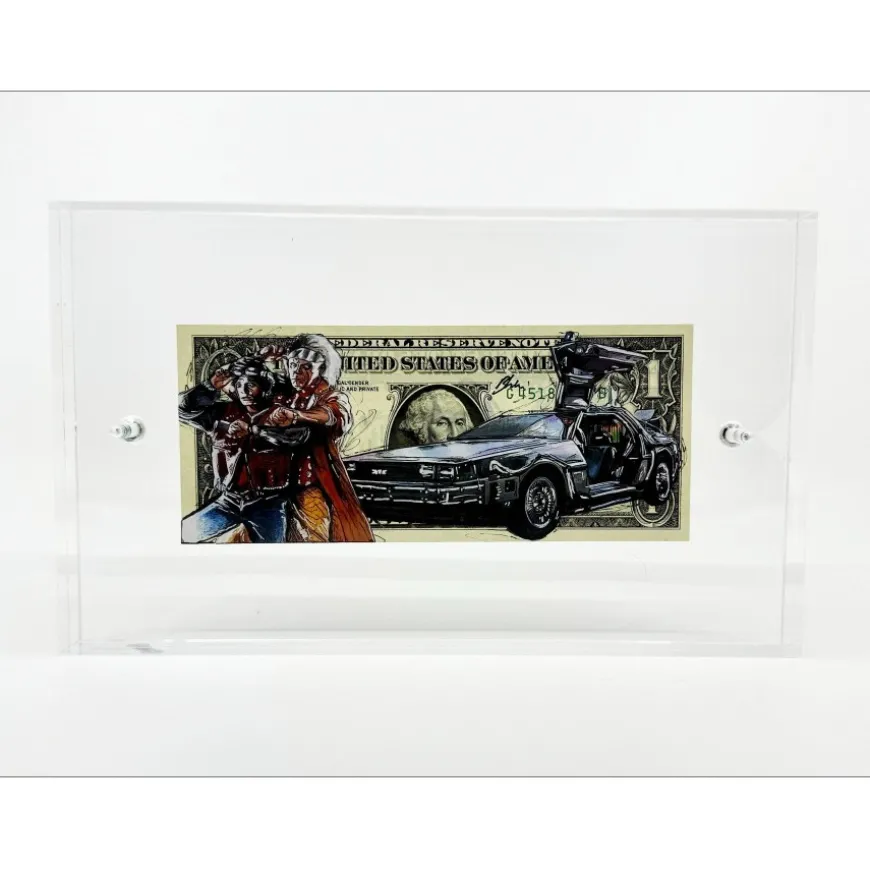 PAZBLANDINA - Dessin original sur Dollar $ "DeLorean - Retour vers le futur" 6,6x15,6cm - 2024