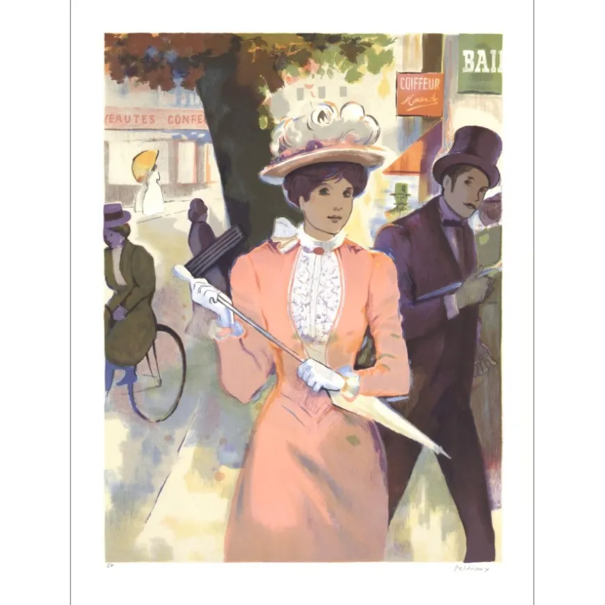 PELTRIAUX Bernard - Lithographie originale "Élégante au parapluie" 75x54cm