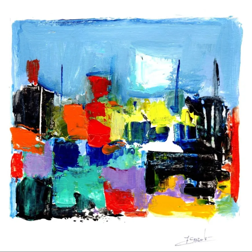 PICOT Jean-Claude - Dessin original à la gouache "Les bateaux 3" 15x15cm