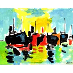 PICOT Jean-Claude - Dessin original à la gouache "Les bateaux 4" 13x18cm
