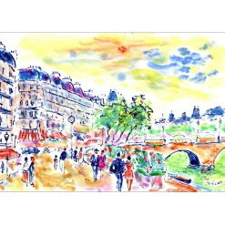 PICOT Jean-Claude - Dessin original à l'aquarelle "Paris, Bord de Seine" 10x15cm