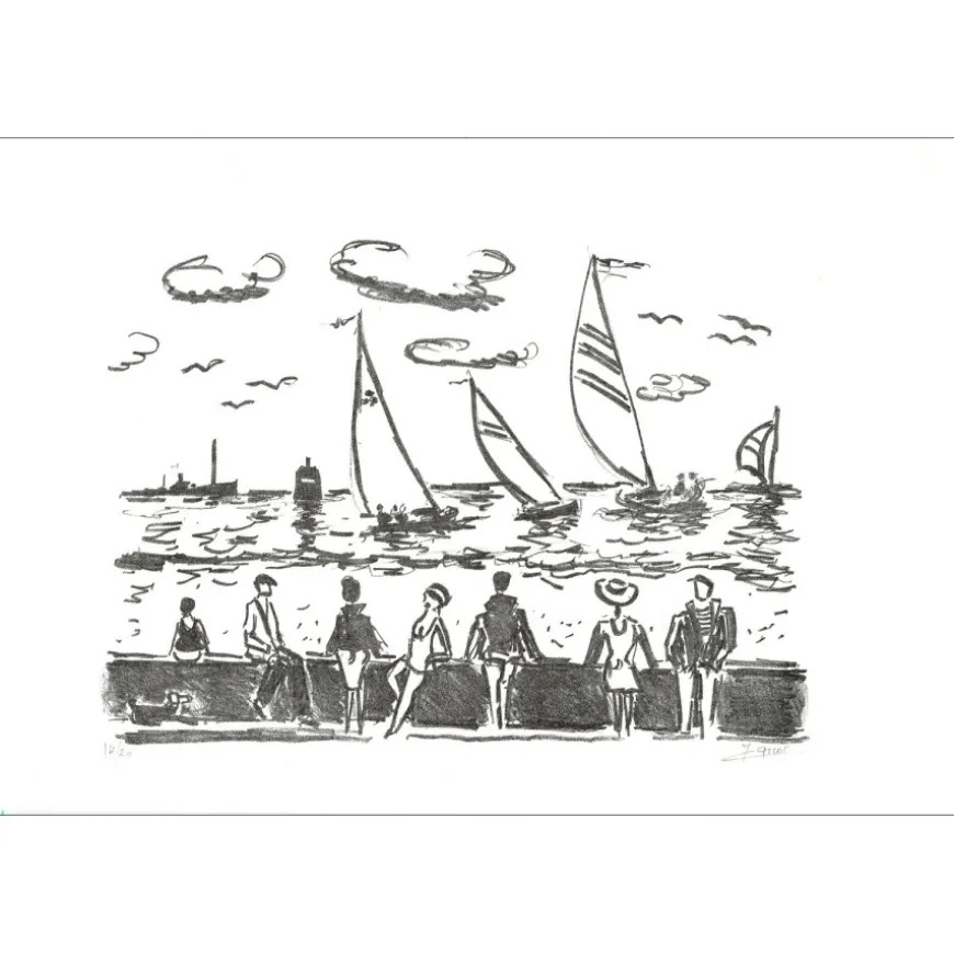 PICOT Jean-Claude - Lithographie originale "Voiliers en bord de mer" 38x57cm