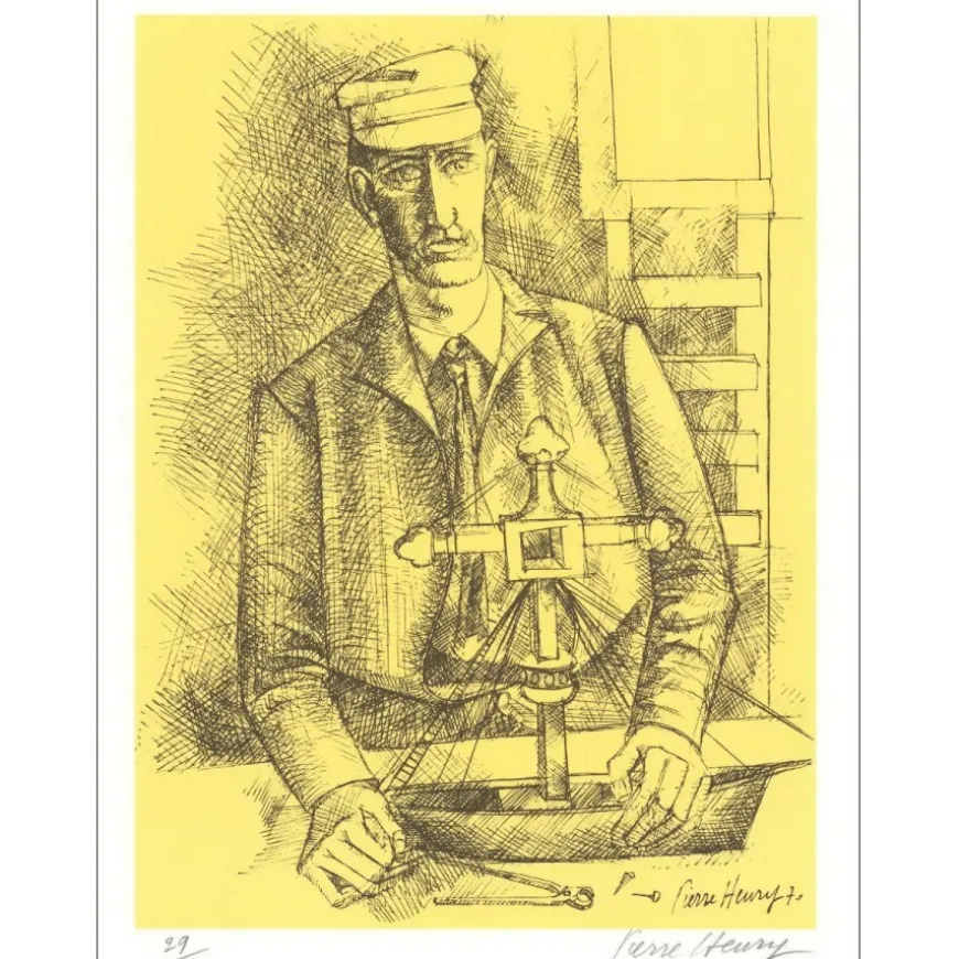 PIERRE-HENRY - Lithographie originale "Homme et bateau" 32x25cm - 1971