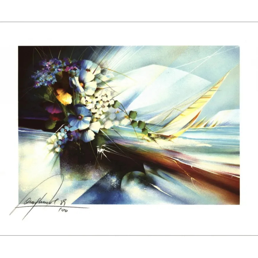 POULET Raymond - Lithographie originale "Bouquet et la mer" 38x48cm