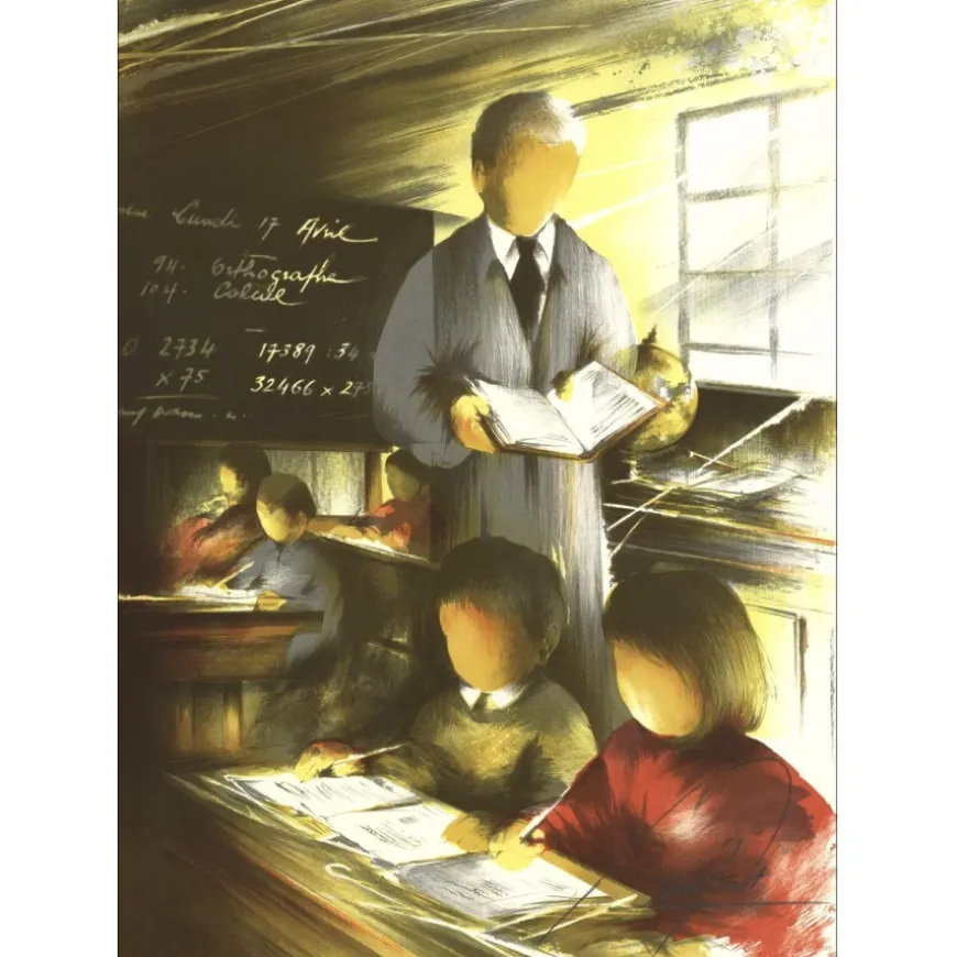 POULET Raymond - Lithographie originale "L'Instituteur du Village" 37x27cm - 1984