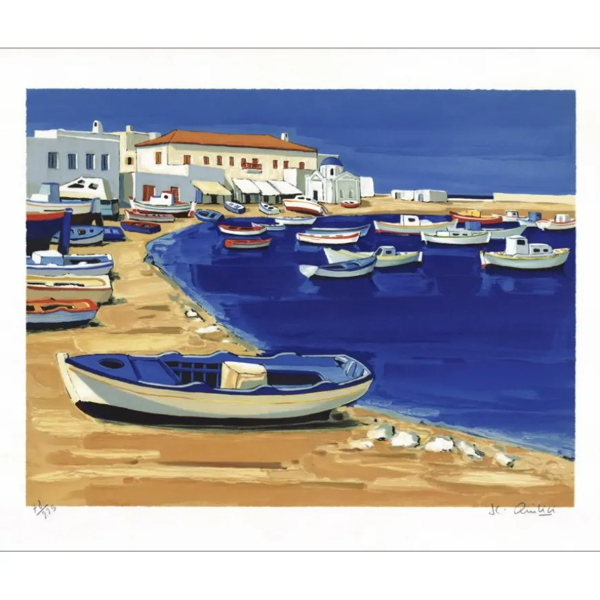 QUILICI Jean-Claude - Lithographie originale "Barque bleue à Mykonos" 60x76cm