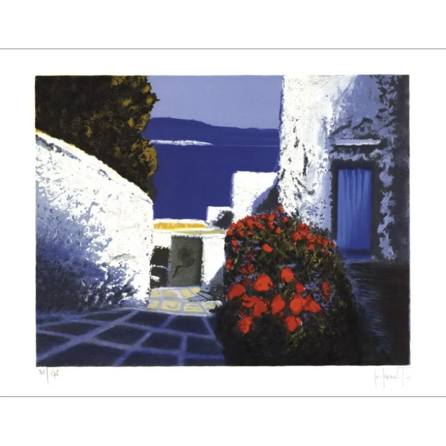 REAULT Patrick - Lithographie originale "Village sur la Mer" 30x40cm