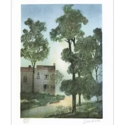RIVERA Antonio - Lithographie originale "Le hameau de campagne" 37x25cm