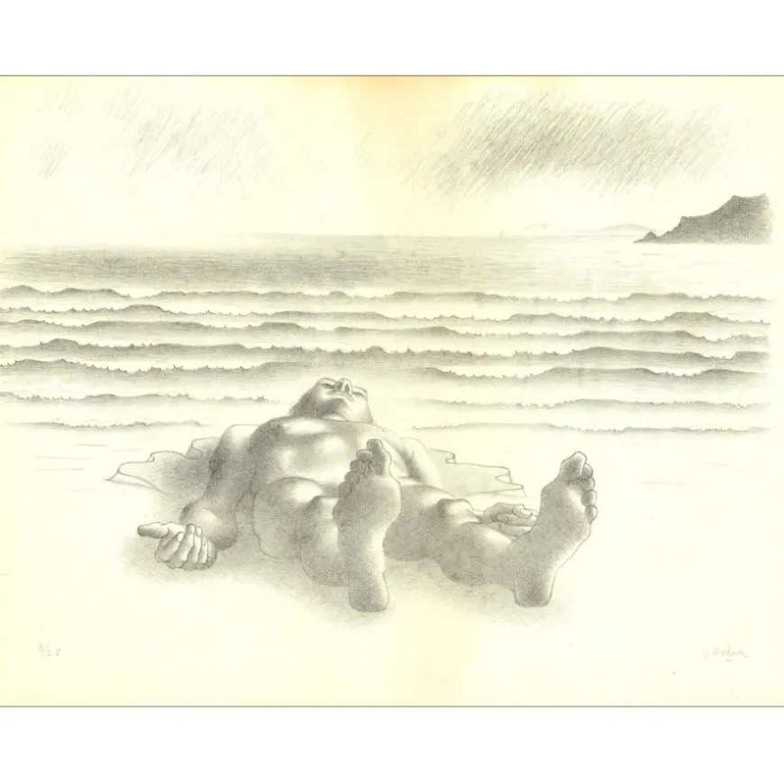 ROHNER Georges - Lithographie originale "Homme sur la plage" 51x66cm