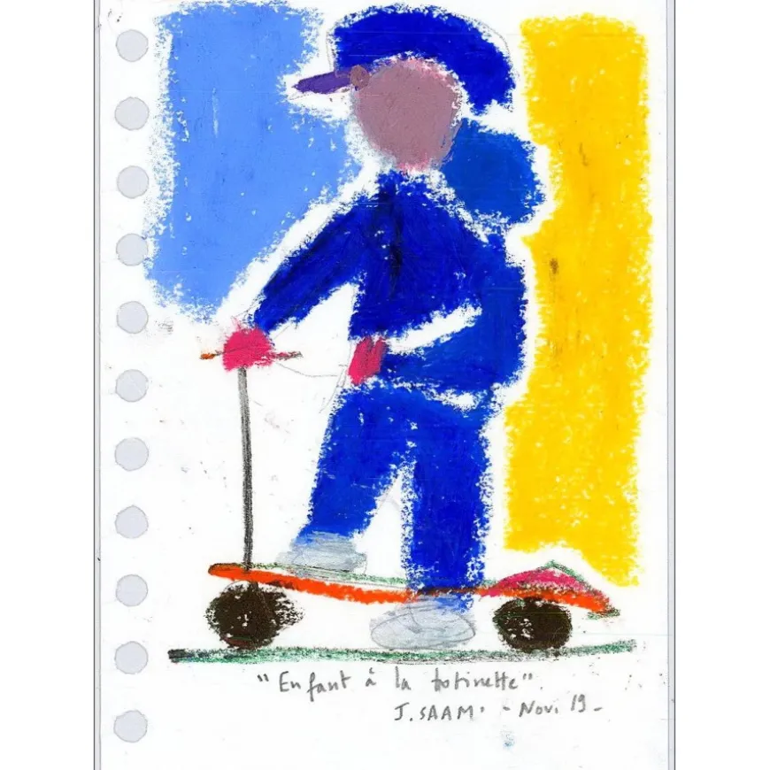 SAAM Jérôme - Dessin original au pastel sur papier "Enfant à la trottinette" 15x10cm