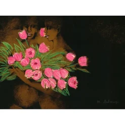 SALMON Michèle - Lithographie rehaussée "Femmes aux tulipes" 37x52cm