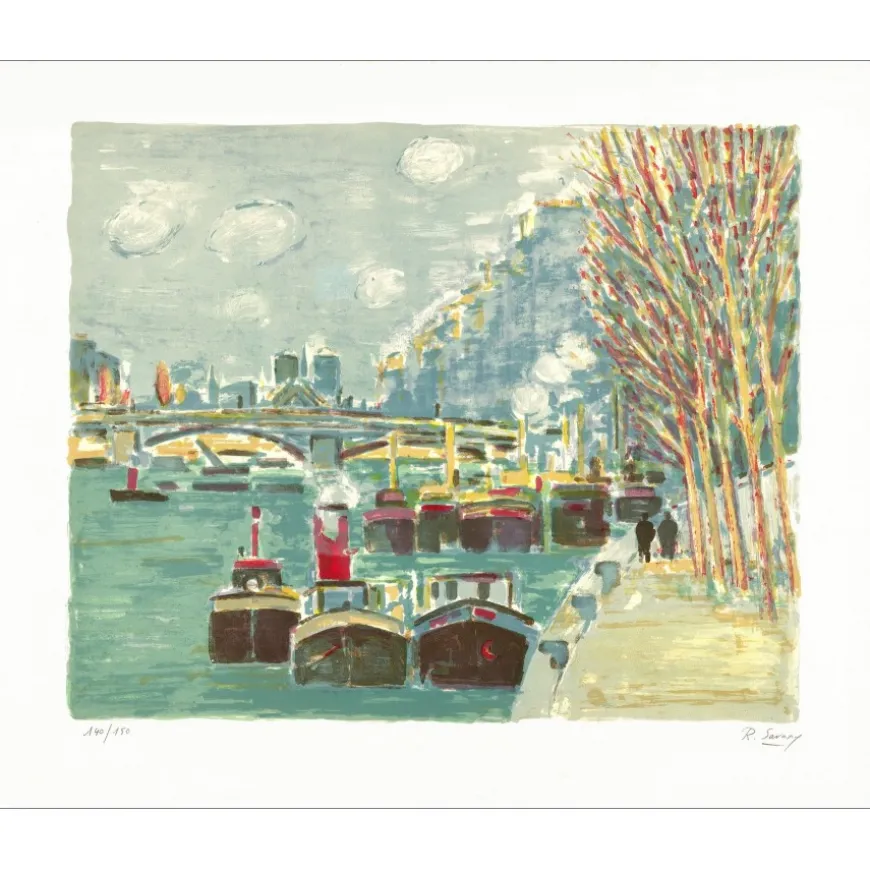 SAVARY Robert - Lithographie originale "Paris, Les péniches sur la Seine" 67x82cm